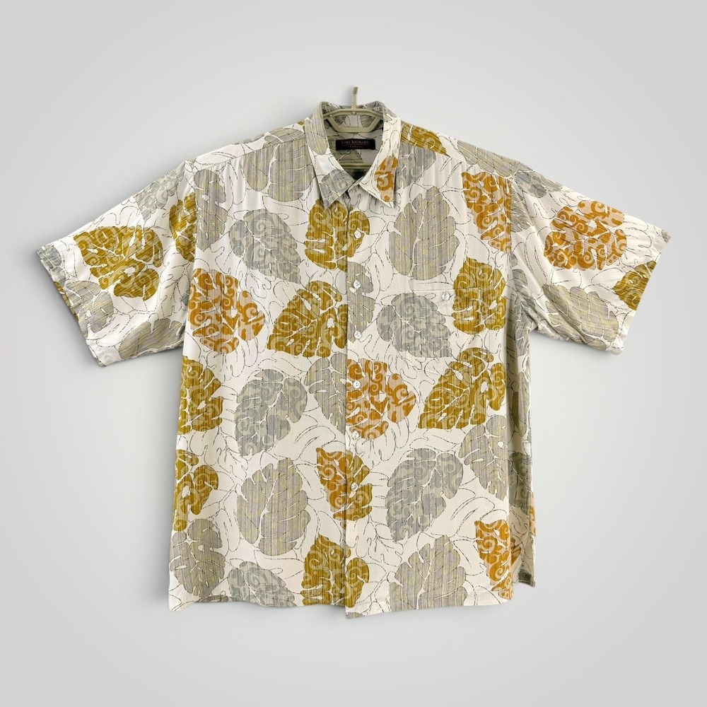 Tori‎ Richard Hawaiian Shirt Mens 2XL White Leaf Print Rayon Aloha USA
